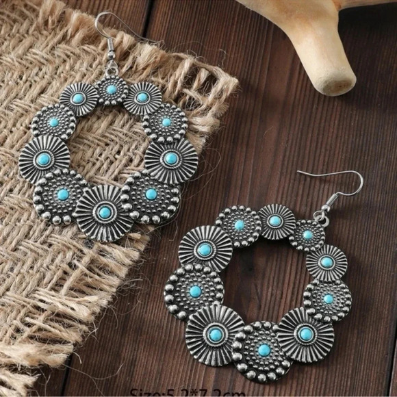 Antiqued Silver Turquoise Hoop Earrings - Picture 1 of 3